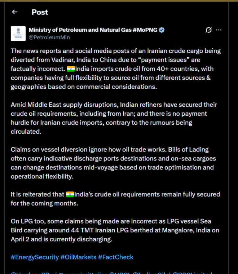 Centre dismisses reports of Iranian crude oil cargo diversion to China as factually ‘incorrect’